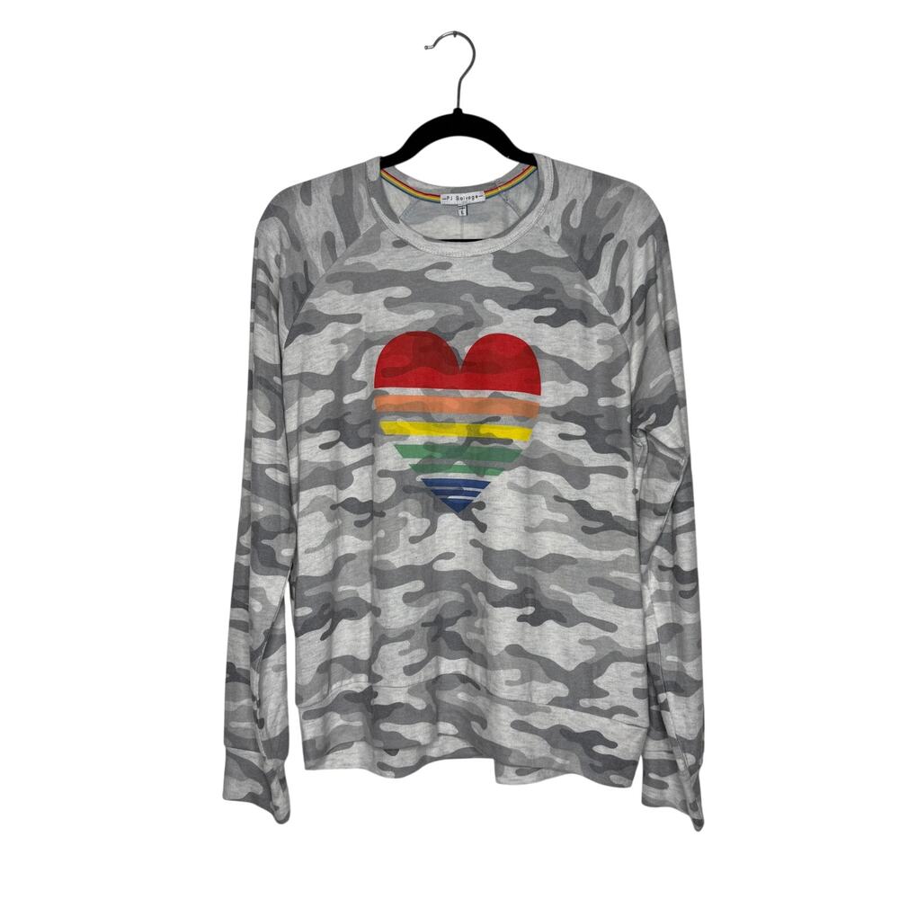 NEW PJ Salvage Grey Camo Rainbow Heart Cozy Long Sleeve | Soft Lounge Top